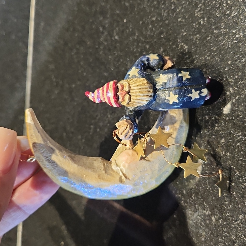 Vtg Pam Schifferl Santa on Moon Christmas Ornament Folk Art